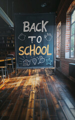 Naklejka premium Blackboard showing back to school concept in an empty classroom