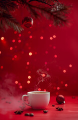 Festive Christmas Coffee With Steaming Cup And Red Background