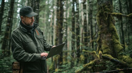 Obraz premium A forest ranger stands in a dense forest, using a laptop to analyze real-time data. He is surrounded by tall trees, highlighting the importance of monitoring and protecting natural resources