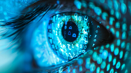 Close-up of a human eye going through a neon security scanner. Privacy and cybersecurity concept.