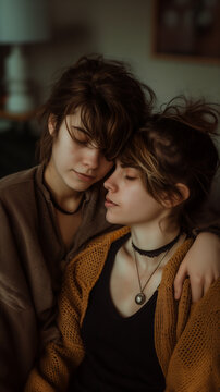 Intimate moment between two young women in a cozy setting. Generative AI image