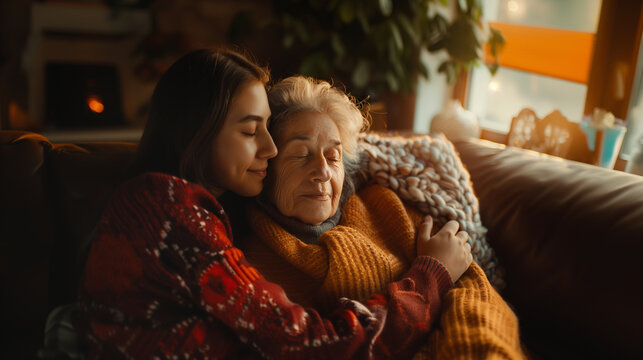 Young woman and elderly lady sharing a warm embrace. Generative AI image