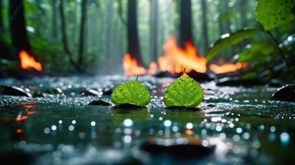 Fototapeta premium Two Green Leaves on Wet Ground