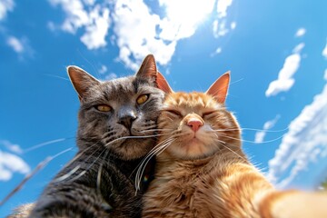 Cute grey and ginger cats making selfie photo