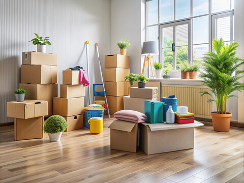 Neatly stacked cardboard boxes and organized cleaning supplies sit on a tidy floor, ready for a smooth and organized move into a new home.