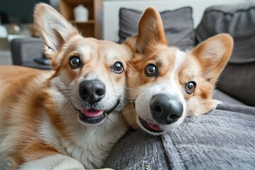Corgi dogs taking a selfie on grey sofa at home
