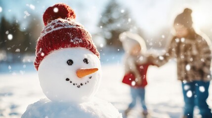 Fototapeta premium A family building a snowman in a snow covered backyard, adorned with festive decorations, and a snowman with a carrot nose.