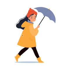 Bad Weather with Woman Character with Umbrella Walk in Windstorm and Rain Vector Illustration