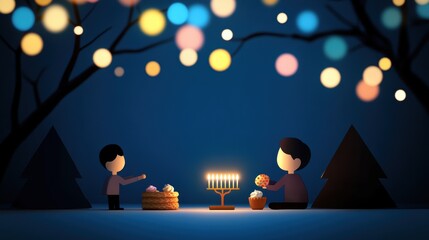 A family celebrating Hanukkah, lighting the candles on a menorah, with children playing dreidel and enjoying traditional treats.