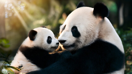 Giant Panda Mother and Cub in Forest Morning Sunlight - AI-Generated Art, Half Body View, Cozy Bonding, Zoom Distance, Realistic Digital Illustration