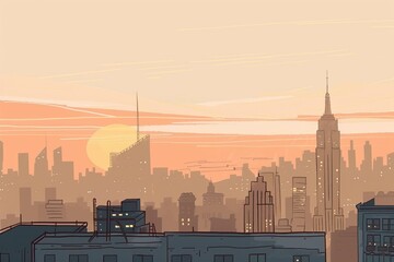 Stunning urban sunset view from a high-rise building's rooftop with cityscape silhouettes and modern glass architecture.. Beautiful simple AI generated image in 4K, unique.