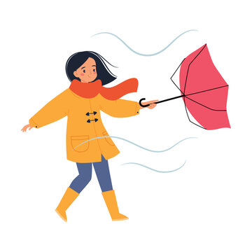 Bad Weather with Man Character with Umbrella Walk in Windstorm and Rain Vector Illustration
