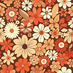 Vibrant Floral Pattern With Orange and Cream Blooms on Brown Background