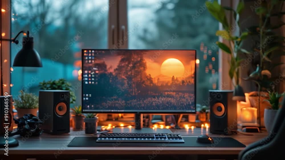Aufkleber This warm and inviting workspace illuminated by soft lights at dusk.