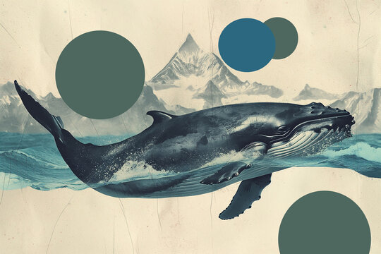 Surreal artwork of a humpback whale with mountain backdrop. Generative AI image