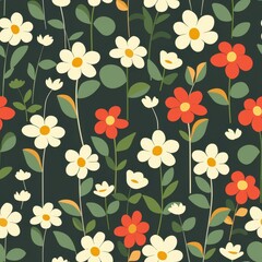 Minimalist Botanical Floral Pattern Featuring Colorful Flowers on Dark Background