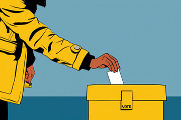 Person in Yellow Jacket Casting Ballot in a Voting Booth. Generative AI
