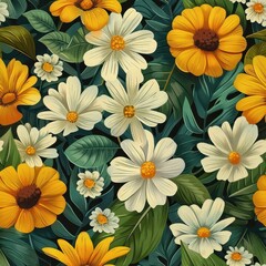 Minimalist Botanical Floral Pattern in Vibrant Yellow and White Shades