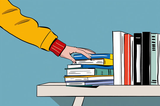 Person Reaching for Books on a Bookshelf. Generative AI