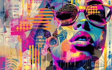 Vibrant pop art collage featuring a stylized female portrait amidst abstract urban elements and colorful graphic patterns