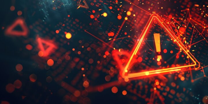 A red exclamation mark on a digital screen background An abstract concept of security and cyber attack is depicted with a red triangle frame icon of a broken or attacked computer network Generative AI