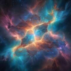 A captivating, galactic glow scene featuring a glowing, iridescent space cloud, reflecting the light of nearby stars and creating a kaleidoscope of colors