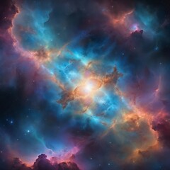 A captivating, galactic glow scene featuring a glowing, iridescent space cloud, reflecting the light of nearby stars and creating a kaleidoscope of colors