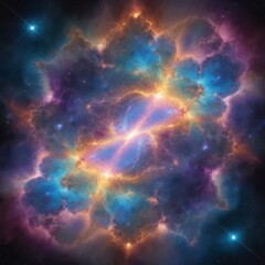 A captivating, galactic glow scene featuring a glowing, iridescent space cloud, reflecting the light of nearby stars and creating a kaleidoscope of colors