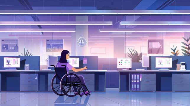 Asian receptionist with a disability working at a call center helpdesk in a disability-friendly office. The female operator, a wheelchair user, provides assistance on a customer service helpline