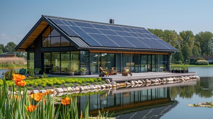 Obraz premium Solar battery on the roof of house near Electrical towers. PV plants generate your own electricity plug play. Power photovoltaic plant. Solar Panel energy system.