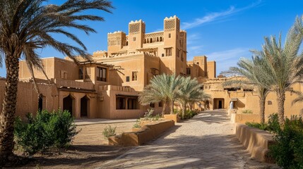 Traditional desert town with palm trees