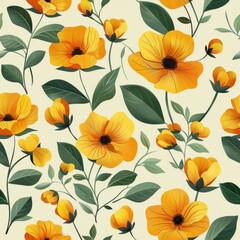 Minimalist Botanical Floral Pattern With Yellow Flowers on Soft Background
