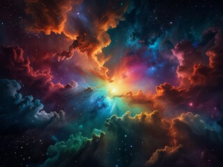 A captivating, galactic glow scene featuring a glowing, iridescent space cloud, reflecting the light of nearby stars and creating a kaleidoscope of colors