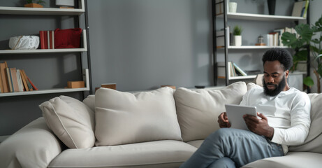 Obraz premium A middle-aged African-American man relaxes on a beige sofa in an elegant living room, using a tablet for leisure or work.