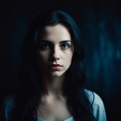 Fototapeta premium a woman with long hair and a blue top with a white flower on the bottom.