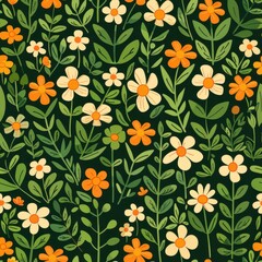 Minimalist Botanical Floral Pattern With Green Background and Orange Accents