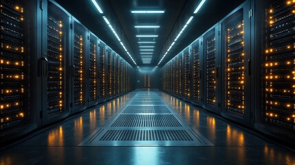 Obraz premium 8K Abstract Digital Background of Server Room with Computer Equipment in Data Center for Hybrid Cloud and Mainframe Systems, Featuring Big Iron Cabinets and Power Atmosphere