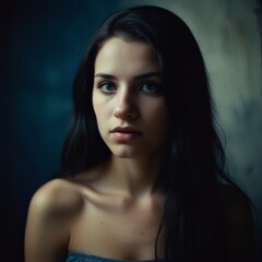 Fototapeta premium a woman with long hair and a blue top with a white flower on the bottom.