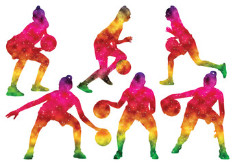 Colorful watercolor female Basketball Player Silhouettes