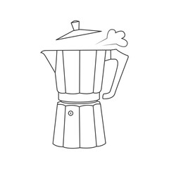 Moka Pot coffee maker. Italian geyser coffee maker. Minimalist sketch. Coffee break, breakfast. Illustration in linear style.