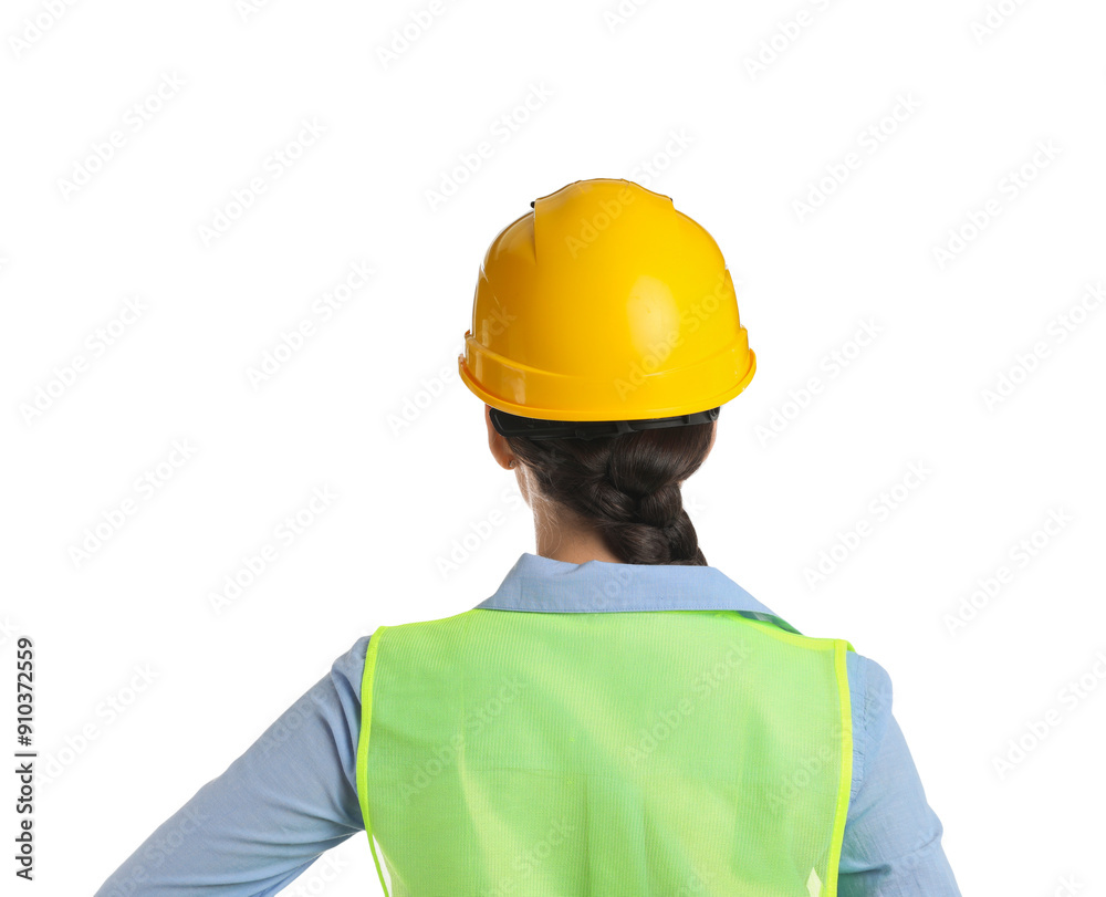 Wall mural Engineer in hard hat on white background, back view