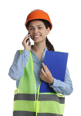 Engineer in hard hat with clipboard talking on smartphone against white background