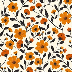 Minimalist Botanical Floral Pattern With Vibrant Orange Flowers on Neutral Background