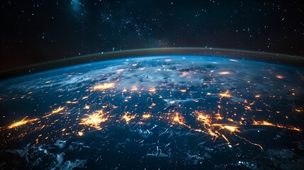 Earth Viewed From Space at Night Showing Illuminated Cities and Natural Features