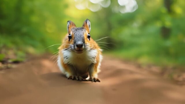 A squirrel walks towards the camera on a dirt path surrounded by vibrant green trees in the soft light of late afternoon