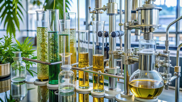 Close-up of a modern laboratory equipment setup for hemp oil extraction, featuring various tubes, beakers, and machinery in a clean, sterile environment.