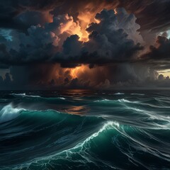 Fototapeta premium A dramatic, cinematic view of the Bermuda Triangle from above, with stormy clouds, turbulent waves, and an ominous glow emanating from the center, creating a sense of mystery and intrigue. 