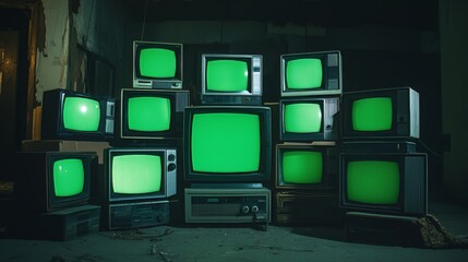 Vntage televisions with green screens in a dark room