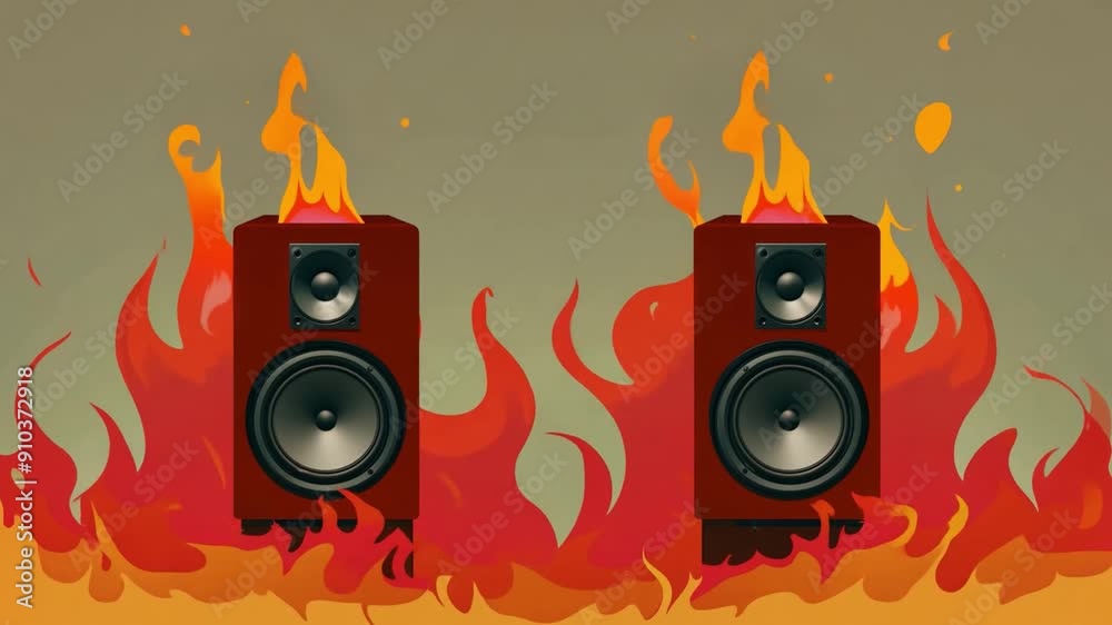 Poster two speakers emit flames, surrounded by swirling red and orange fire, creating a striking contrast a