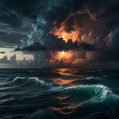 Fototapeta premium A dramatic, cinematic view of the Bermuda Triangle from above, with stormy clouds, turbulent waves, and an ominous glow emanating from the center, creating a sense of mystery and intrigue. 